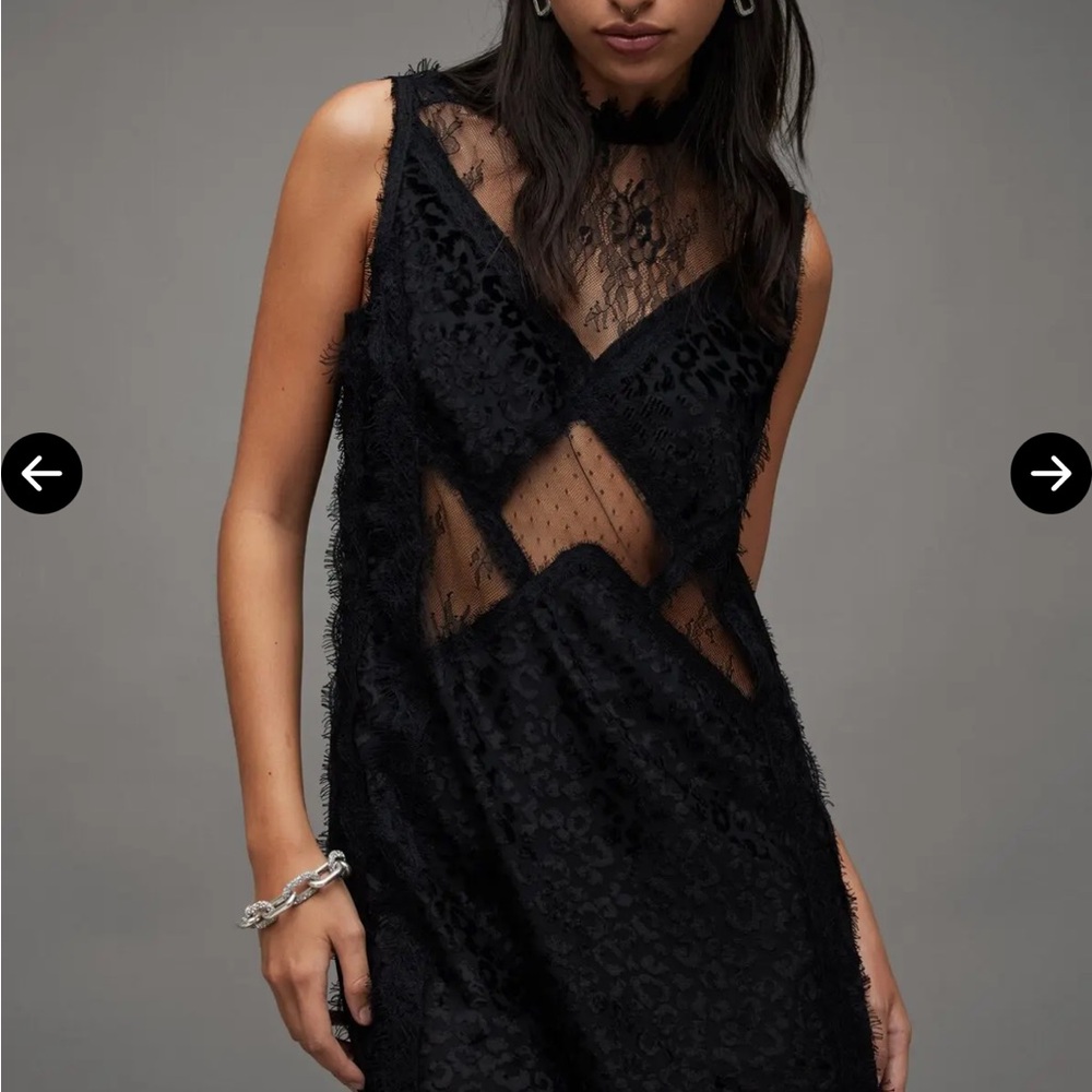 AllSaints Black Lace-Overlay Midi Dress